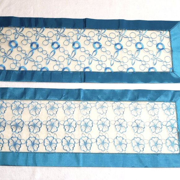 Set Of 2 Vintage Handsewn Satin Table Runners 36x13 Inches Turquoise VGC - Picture 1 of 6